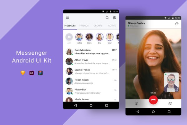 Android平台社交APP好友列表&amp;视频通话界面设计素材库精选模板 Messenger Android UI Kit