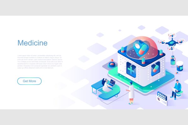未来医医疗科技主题网站设计等距素材库精选概念插画 Medicine Isometric Flat Concept Header