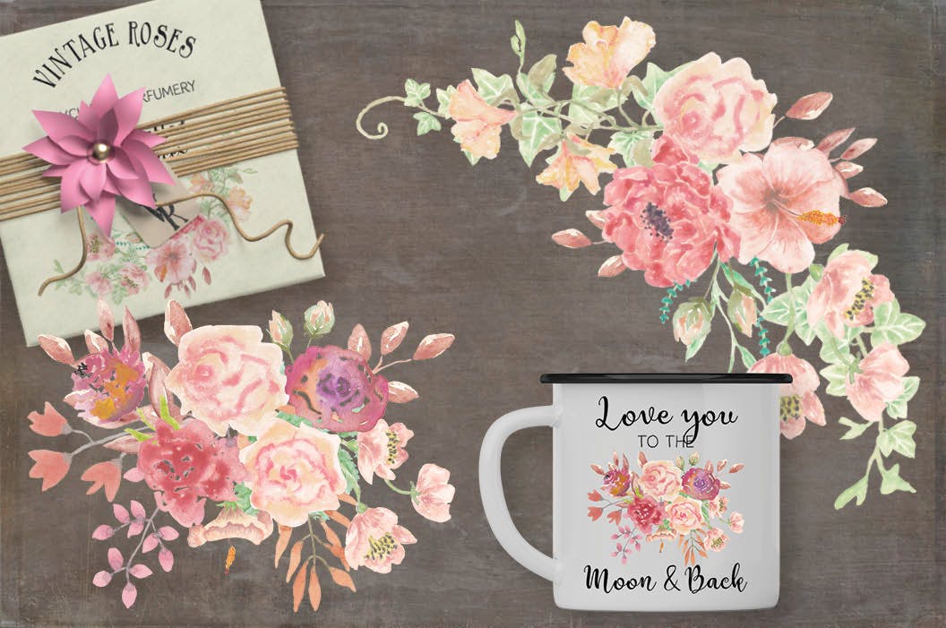 复古风格水彩玫瑰图案剪贴画素材 Vintage Roses Watercolor Clip Art Bundle插图(2)