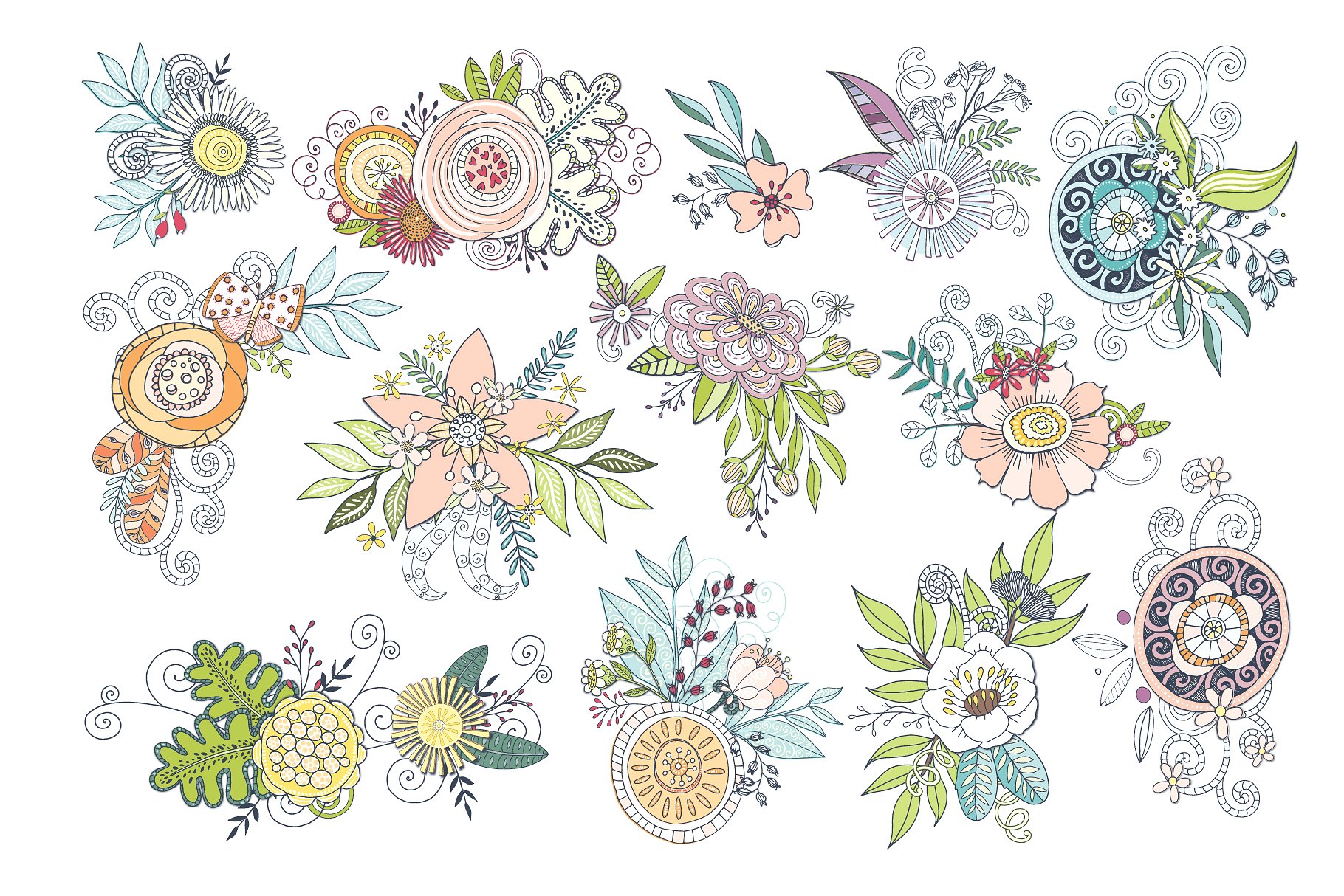 梦幻繁花似锦水彩手绘花卉蝴蝶树叶矢量图形 Fantasy Flowers, Floral Wreaths插图(12)