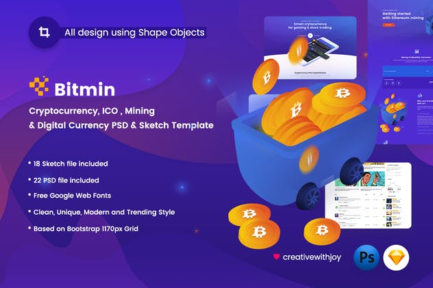 比特币加密货币主题网站PSD&Sketch模板 BITMIN – ICO, Mining PSD & Sketch Template插图(1)