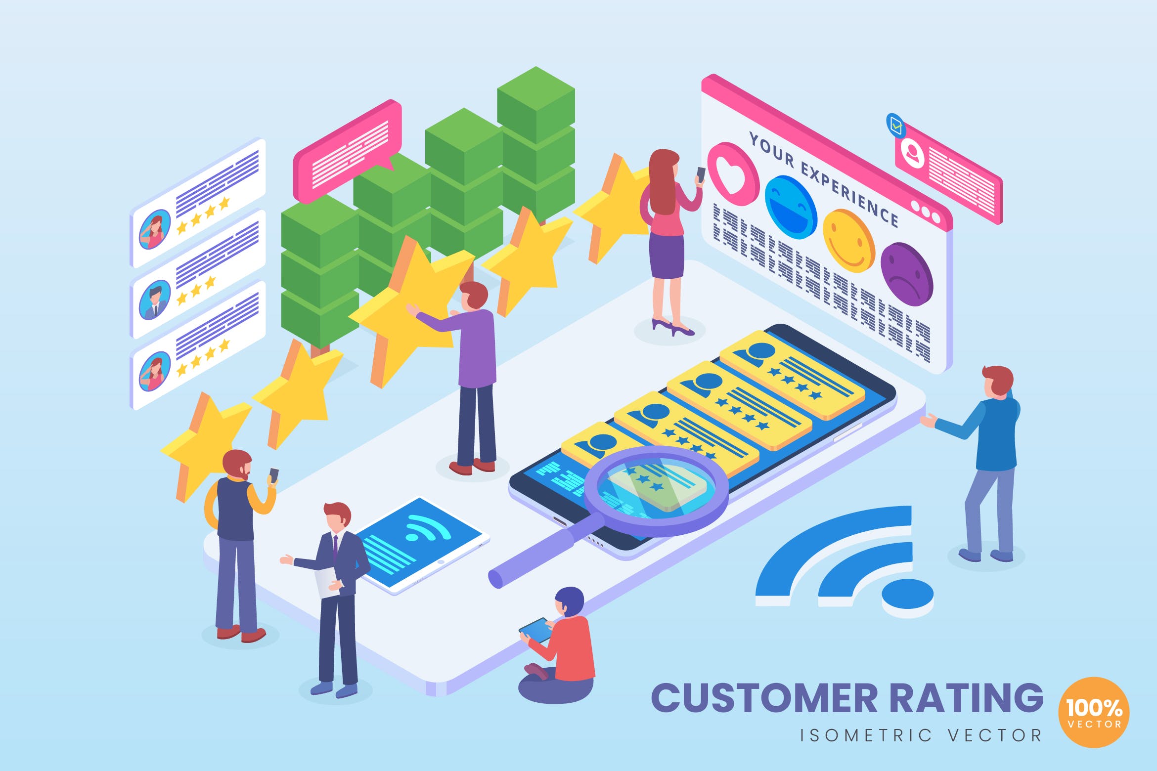 客户评级技术等距矢量素材库精选科技概念插画 Isometric Customer Rating Technology Vector插图