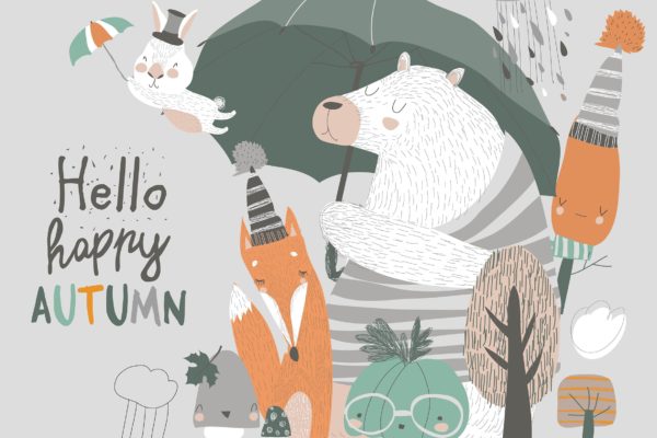 秋天雨天场景可爱动物手绘矢量插画素材库精选素材 Funny animals under umbrella. Autumn time. Rainy w