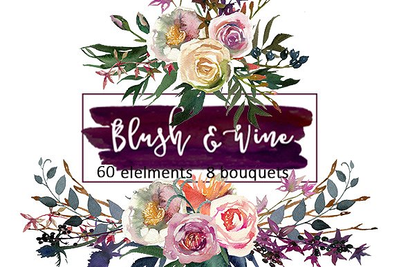 勃艮第白色水彩花卉插画 Burgundy White Watercolor Flowers插图(1)