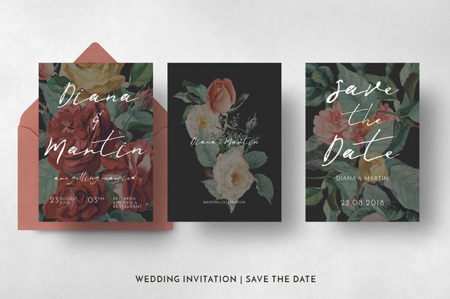 现代英式玫瑰插画婚礼邀请函设计模板套装 Modern English Garden Wedding Suite插图(4)