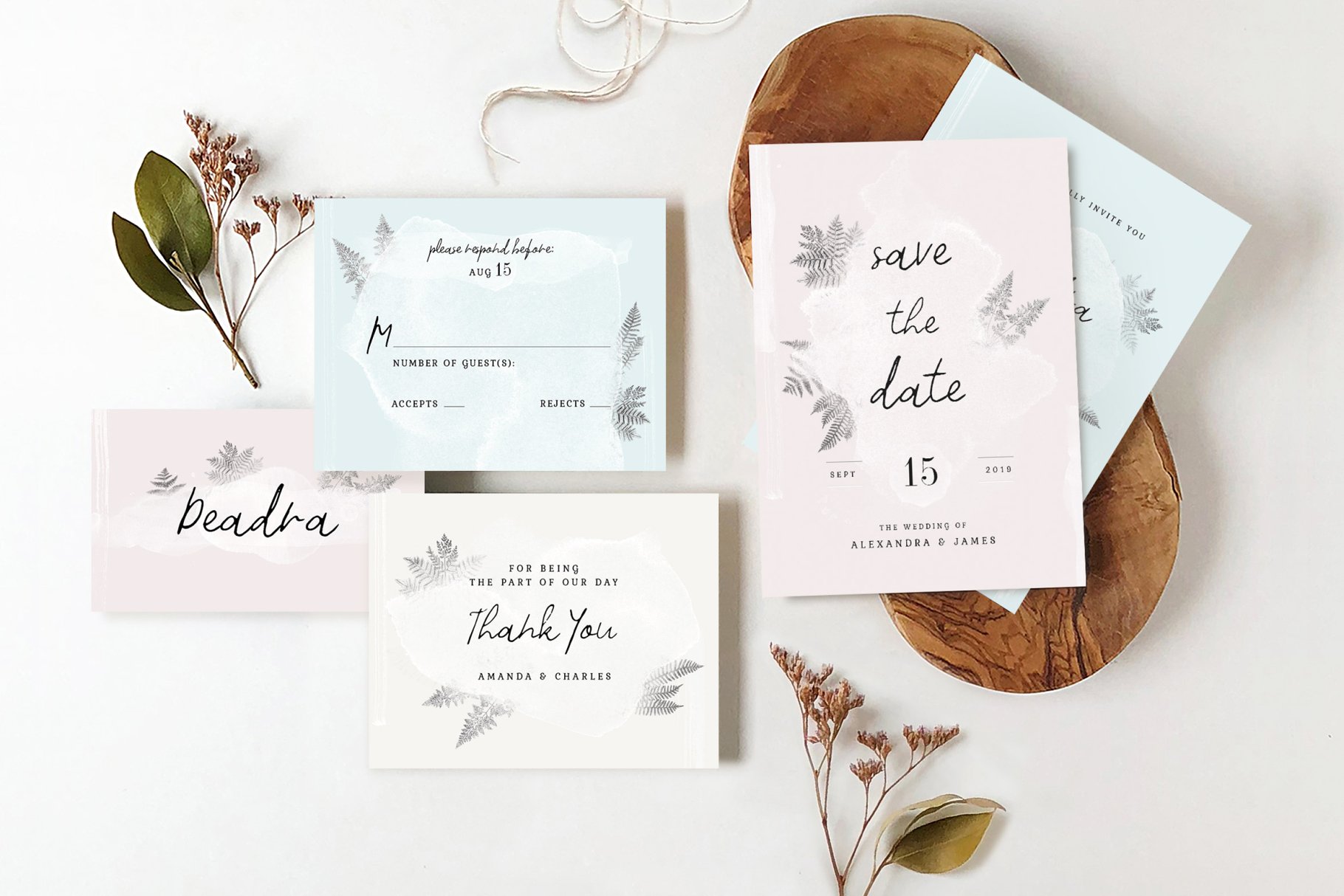 水彩画风格婚礼设计物料模板 Watercolor Sprigs Wedding Suite插图(4)