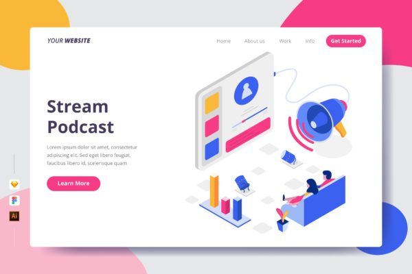 流媒体播客主题插画网站着陆页设计素材库精选模板 Stream Podcast – Landing Page