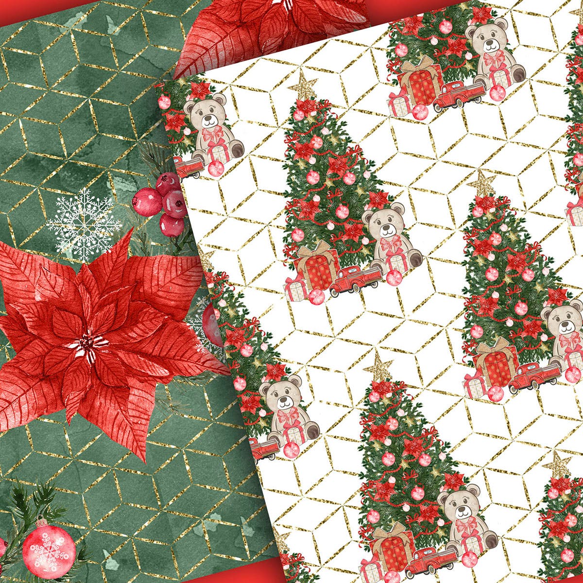 圣诞节礼物卡车手绘图案数码纸张背景素材 Christmas Car digital paper pack插图(3)