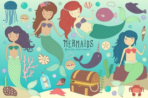 美人鱼&海洋生物手绘插画Mermaid &amp; Sea Life Clipart Bundle