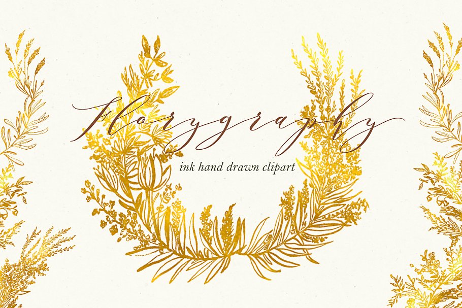 植物书法油墨剪贴画 Calligraphy ink clipart. Florygraphy插图(2)