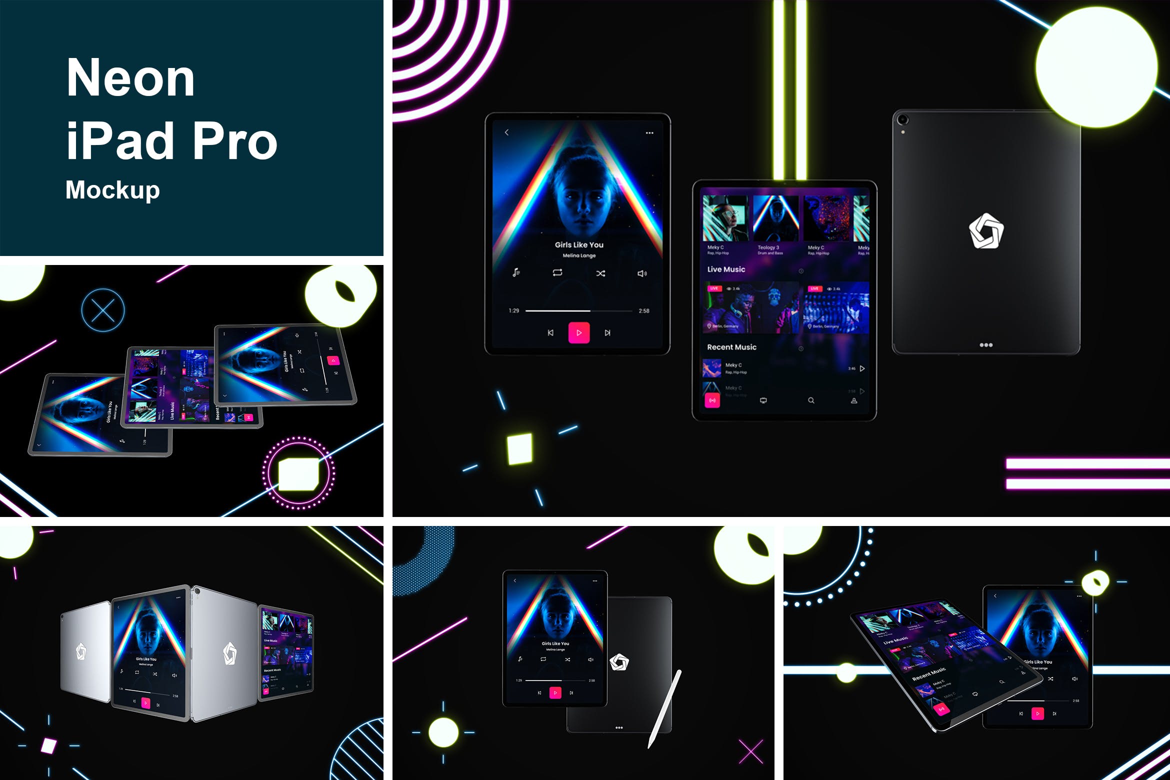 iPad Pro第三方设计屏幕预览样机模板 Neon iPad Pro Mockup插图