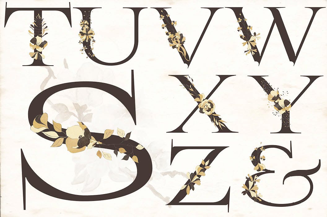 东方特色黑金配色风格字母&花卉手绘剪贴画素材库精选PNG素材 Black and Gold Eastern Design Set插图(12)