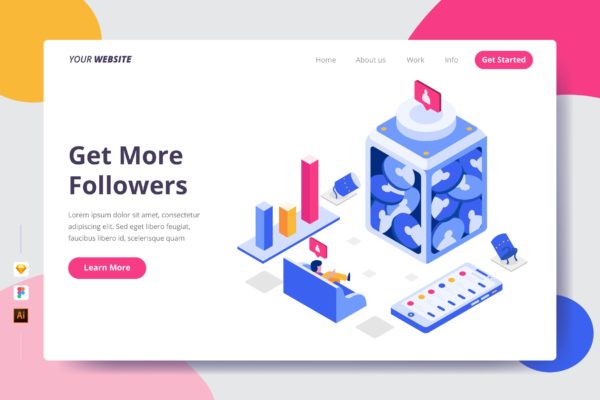 粉丝经济主题插画网站着陆页设计素材库精选模板 Get More Followers – Landing Page