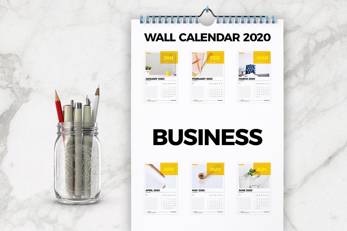 2020年挂墙活页翻页日历表设计模板 Wall Calendar 2020 Layout插图(1)