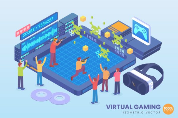 虚拟游戏技术等距矢量素材库精选概念插画素材 Isometric Virtual Gaming Technology Vector Concept