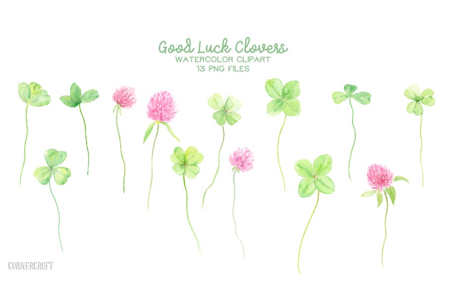 幸运水彩花卉剪贴画 Watercolor Clipart Good Luck Clovers插图(1)