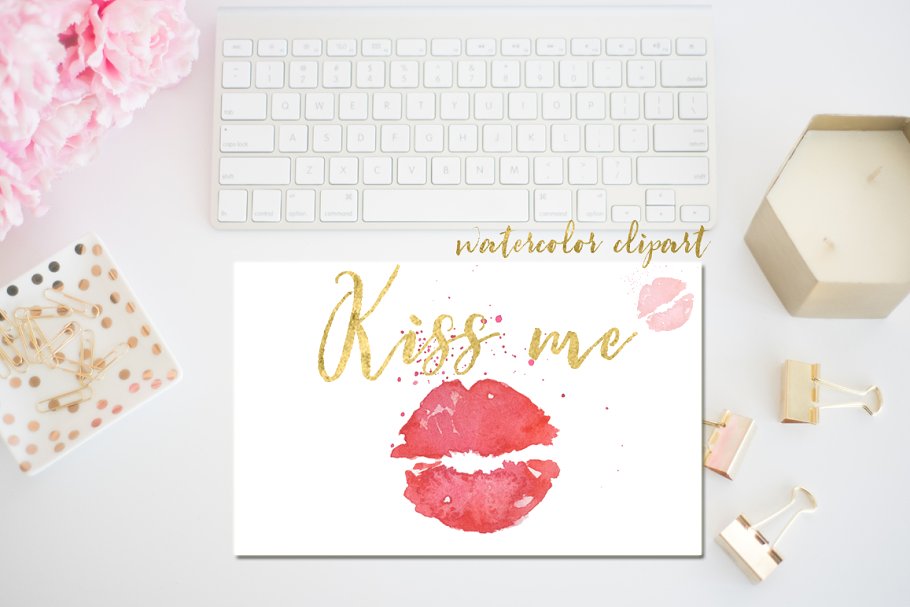 情人节手绘水彩唇印艺术数字剪贴画 Kisses. Valentine watercolor clipart插图(1)
