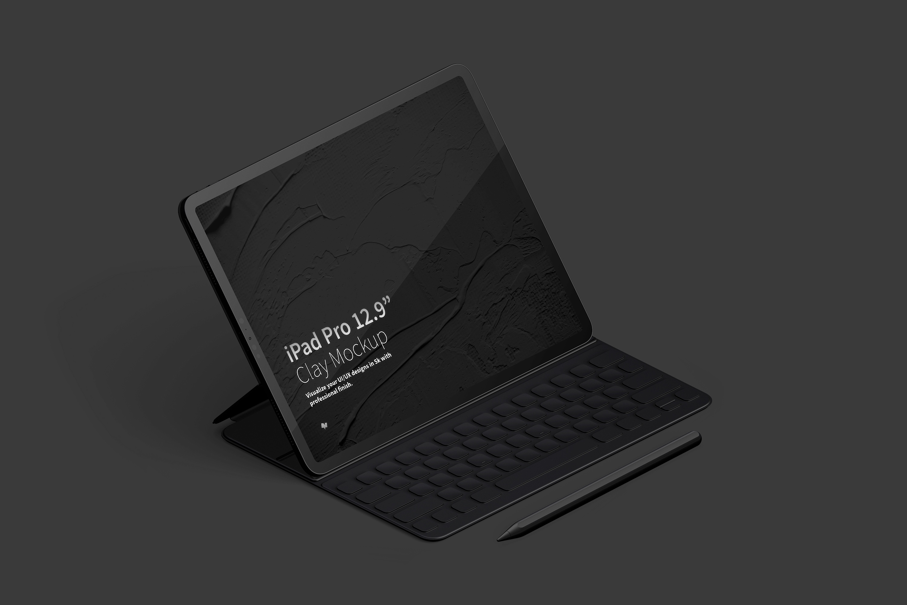 附带键盘iPad Pro平板电脑UI设计效果图左视图样机 Clay iPad Pro 12.9” Mockup, Isometric Left View With Keyboard插图(3)