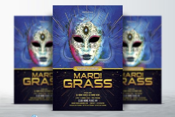 狂欢节面具派对活动宣传单模板 Mardi Grass Flyer