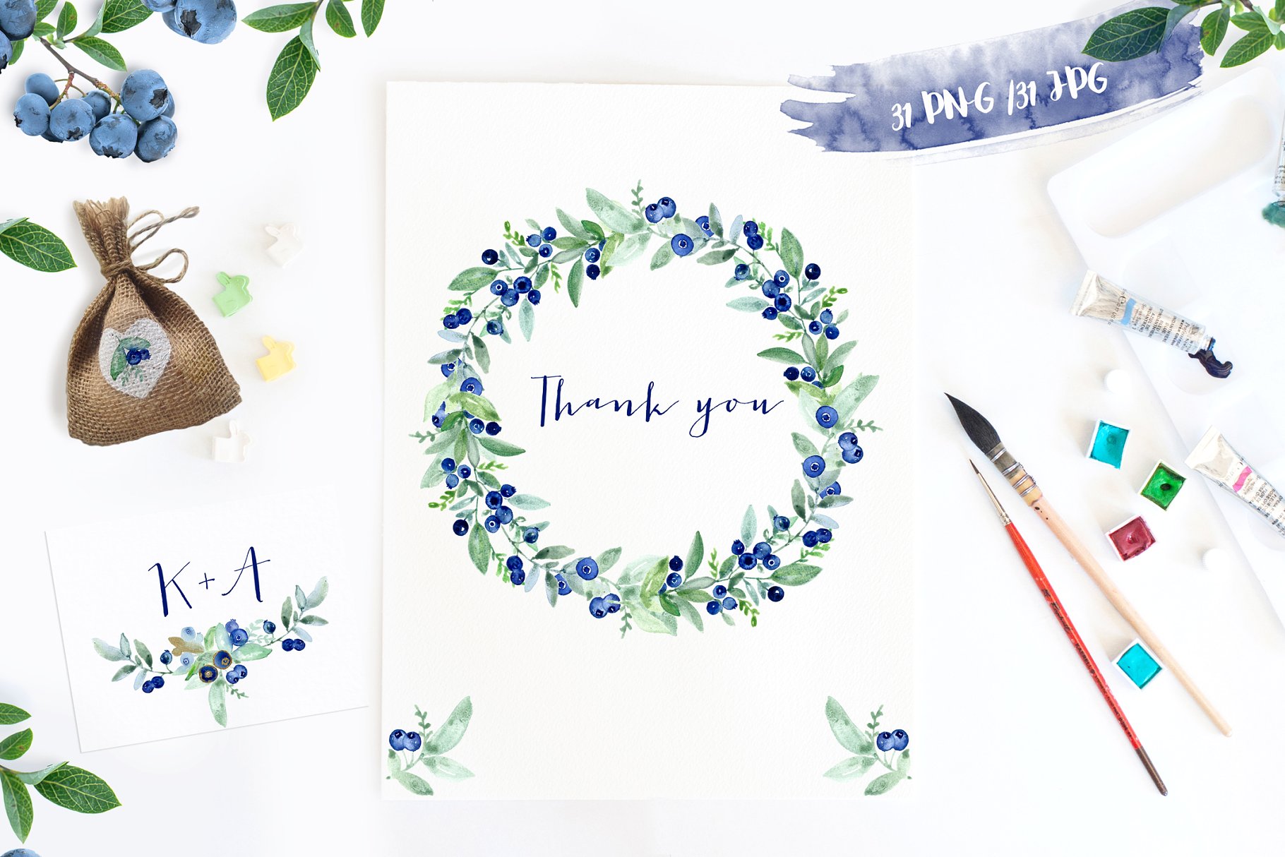 优雅水彩蓝莓插画剪贴画 Blueberry gold. Watercolors插图(2)