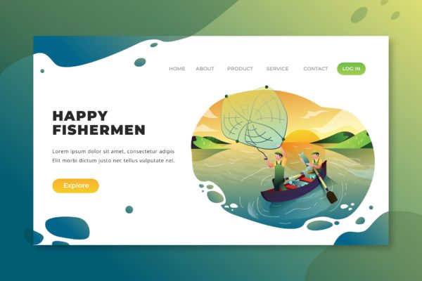 快乐渔夫主题插画网站着陆页设计PSD&amp;AI模板 Happy Fishermen – PSD and AI Vector Landing Page