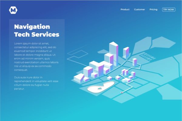 GPS导航应用产品着陆页模板 GPS online map navigation. Landing page desain in