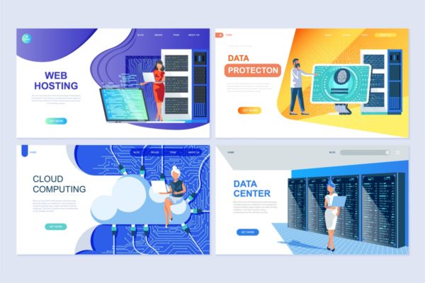 云计算技术服务主题扁平化着陆页概念插画 Set of Landing Page Templates Flat Concept