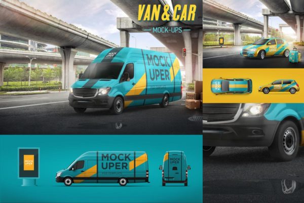 小货车＆汽车车身广告设计效果图样机素材库精选模板 Van &amp; Car Mock-Ups (2 PSD)