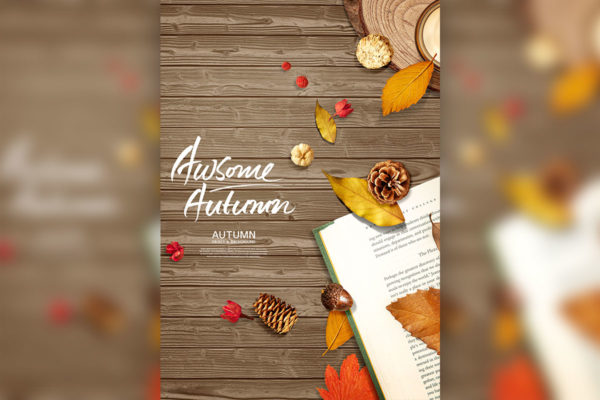 秋天元素&amp;木纹背景海报图片psd素材