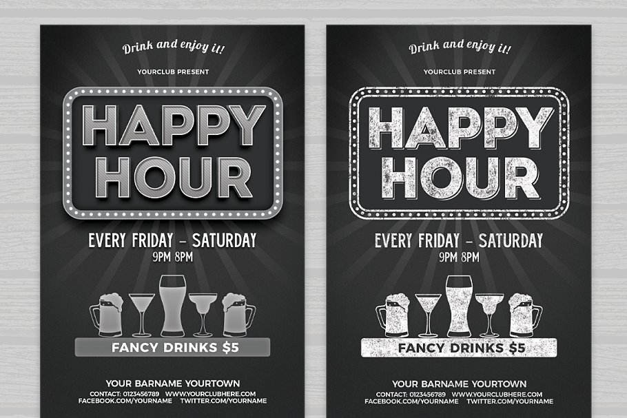 酒吧清吧冷饮店活动海报PSD模板 Happy Hour Flyer插图(1)