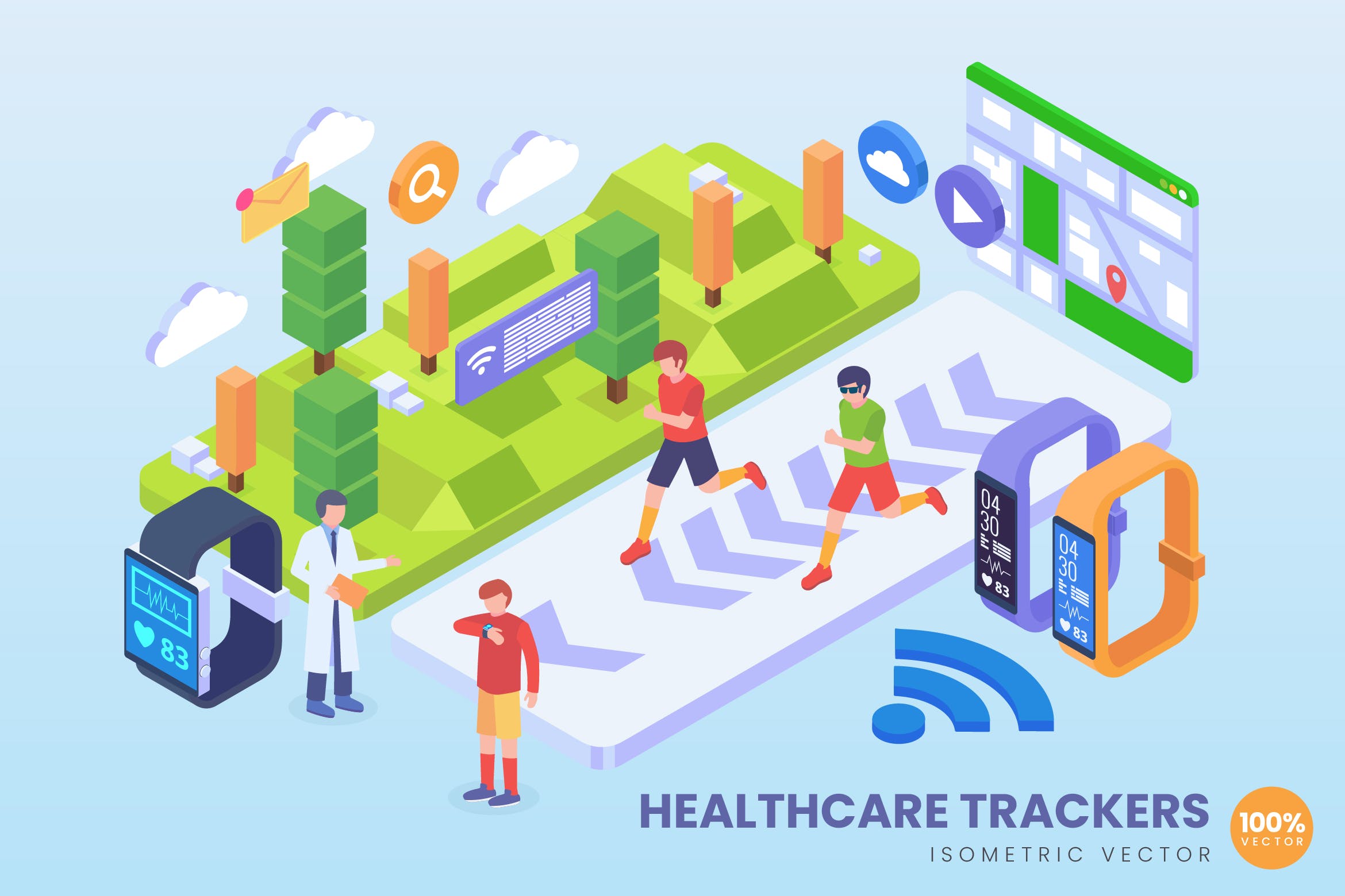 医疗跟踪技术等距矢量插画 Isometric Healthcare Trackers Technology Vector插图