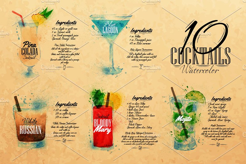 鸡尾酒水彩画矢量图形 Cocktails watercolor插图(4)