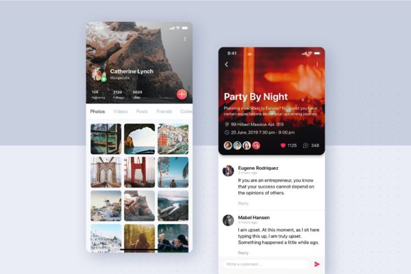 社交APP用户日志界面设计模板 Social mobile app UI concept