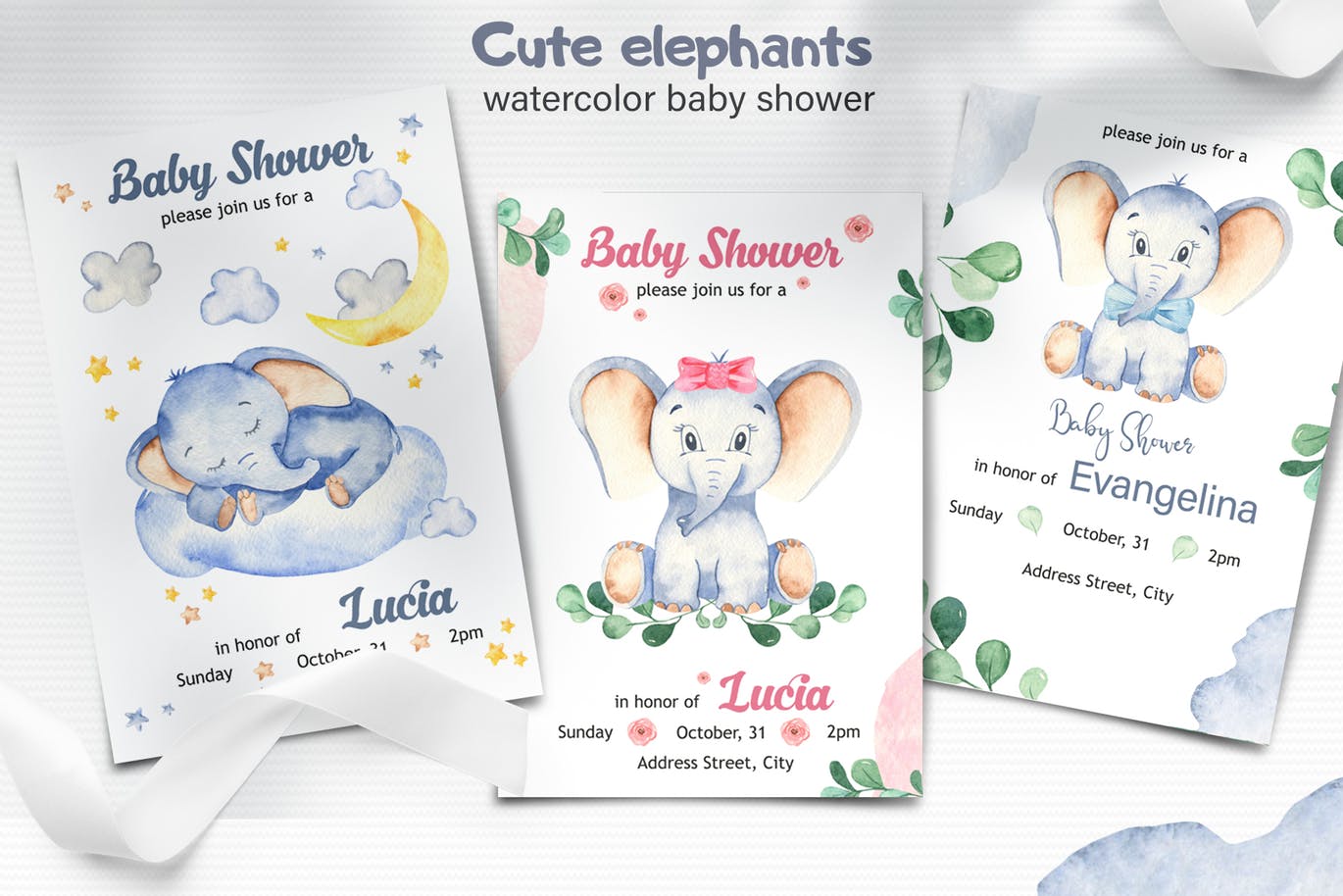 可爱卡通小象水彩手绘剪贴画&卡片素材 Watercolor cute elephants. Clipart and cards插图(3)