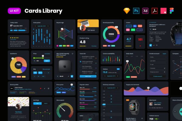 酷黑卡片式设计风格Web&amp;APP用户界面设计套件 Dark cards – User Interface kit