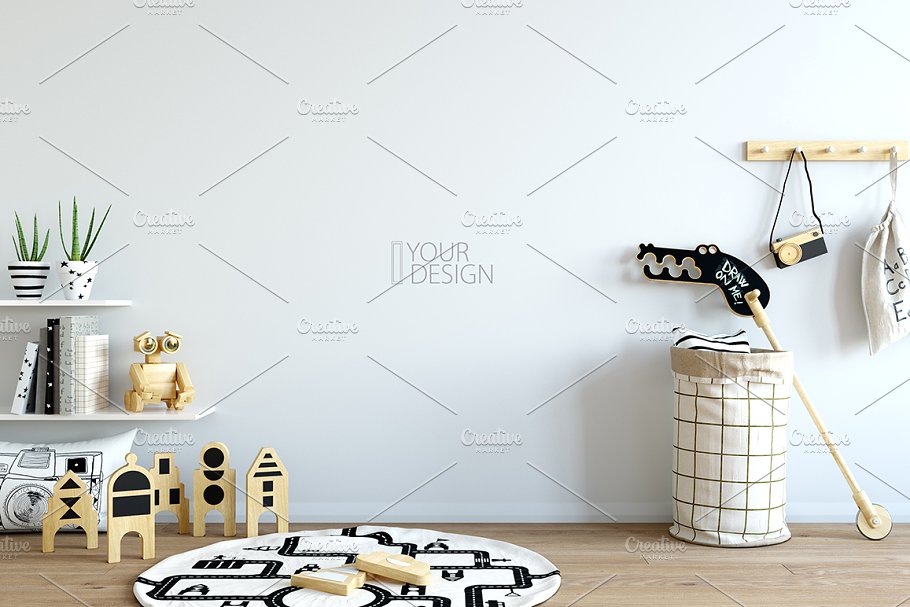 儿童主题卧室墙纸设计&相框样机 Interior KIDS WALL & FRAMES Mockup 2插图(3)