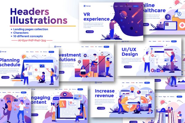 现代扁平化设计风格网站&amp;APP设计素材库精选概念插画合集 Landing page templates kit