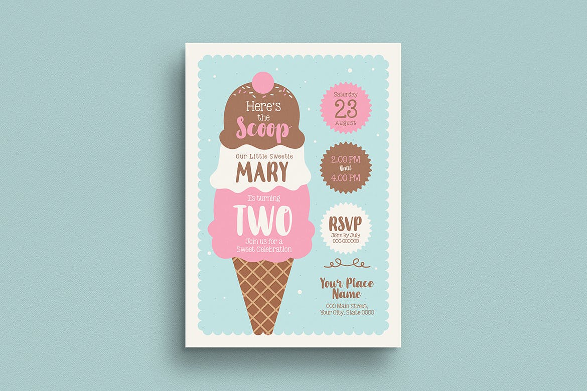 雪糕店周年庆邀请海报传单素材库精选PSD模板 Ice Cream Birthday Invitation插图(1)