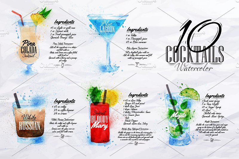 鸡尾酒水彩画矢量图形 Cocktails watercolor插图(2)
