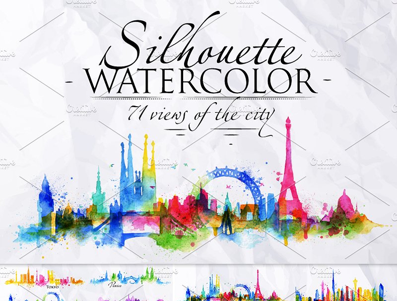 71个城市水彩剪影矢量图形 Silhouette city插图