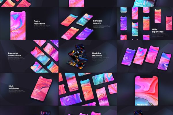 黑色iPhone手机UI界面设计效果图等距网格样机模板 Dark iPhone Mockup