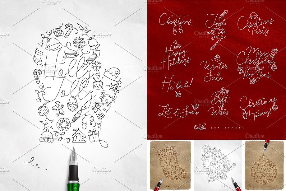 圣诞节节日主题设计插画素材合集 Christmas Holidays One Line插图(8)