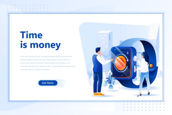 时间就是金钱主题网站设计矢量插画素材 Time Is Money Flat Landing Page Header