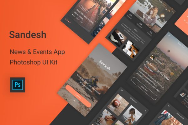 新闻资讯类APP应用UI设计套件PSD模板 Sandesh – News &amp; Events Photoshop UI Kit