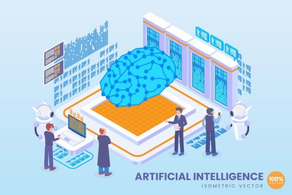 未来人工智能技术等距矢量科技素材库精选概念插画v1 Isometric Artificial Intelligence Vector Concept