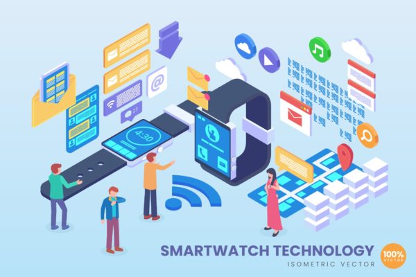 智能手表技术等距矢量素材库精选科技概念插画 Isometric Smart Watch Technology Vector Concept