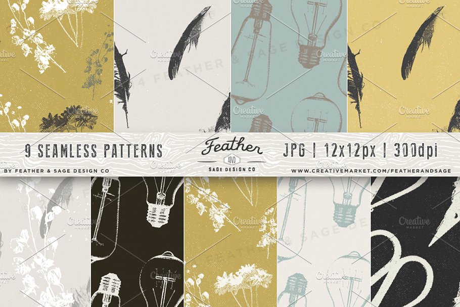 复古无缝羽毛图案 Vintage Illo Seamless Patterns插图(2)