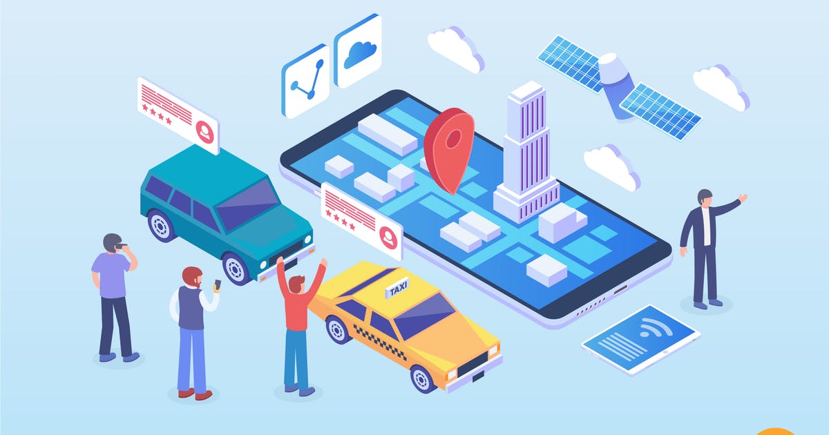 网约车&共享出行2.5D等距概念插画 Isometric Online Taxi & Ride Sharing Apps Vector插图