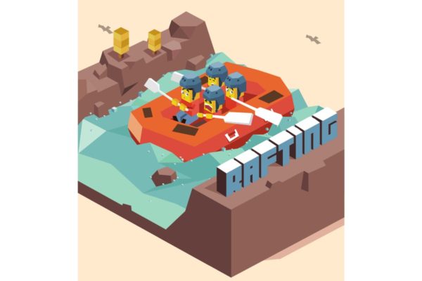 刺激漂流户外活动2.5D矢量插画 Rafting