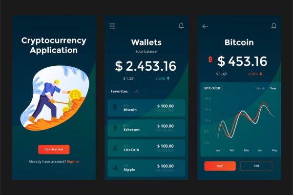 加密货币电子钱包APP应用程序设计PSD&amp;AI模板 Mobile Cryptocurrency Wallet Apps PSD and AI